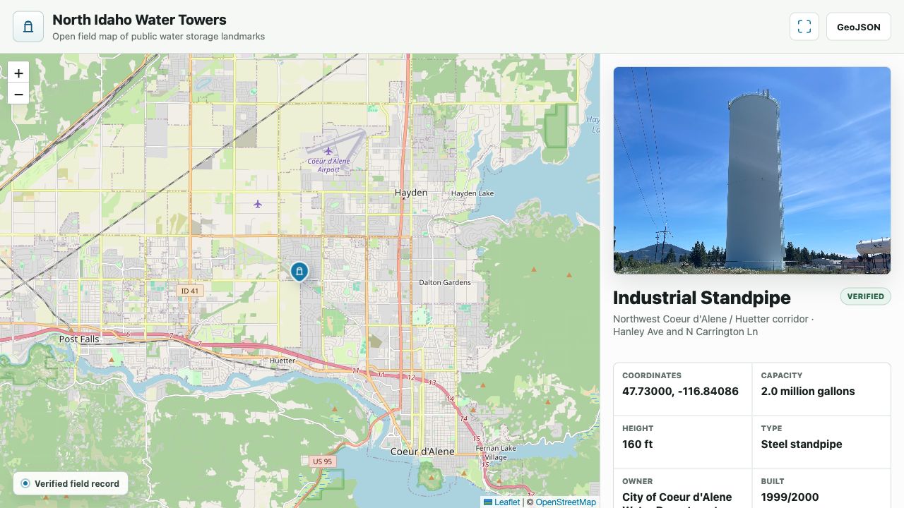 OpenWaterTowers interface showing a North Idaho map beside a verified Industrial Standpipe record with a field photograph and public attributes.